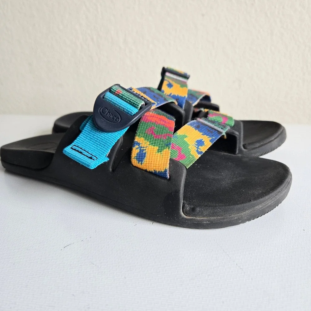 Chaco Chillos Slide Sandals Womens 7 Black Multi Color Adjustable Straps Strappy